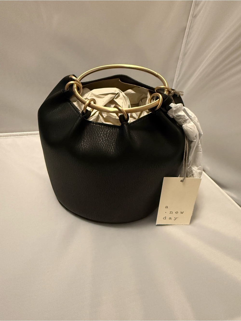 A New Day Black Mini Bucket Bag with Gold Ring Handle